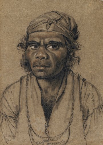 Bust-length portrait of King Jack Waterman, an indigenous Australian man, wearing a gorget, or kingplate, around his neck and a scarf or bandanna around his head