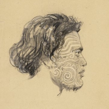 Portrait of Oltery[?] Chief of Otago, New Zealand, a heavily-tattooed Maori man in profile to right