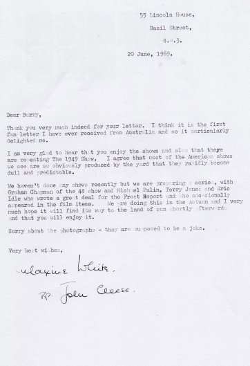 Letter to the author from John Cleese