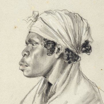 Bust-length portrait of Punch, an indigenous Australian woman and wife of Culaba, in profile to left