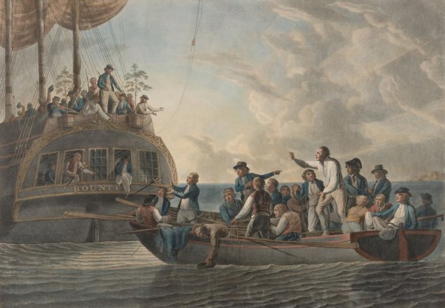The Mutineers turning Lieut Bligh and part of the Officers and Crew adrift from His Majesty's Ship the Bounty, 1790