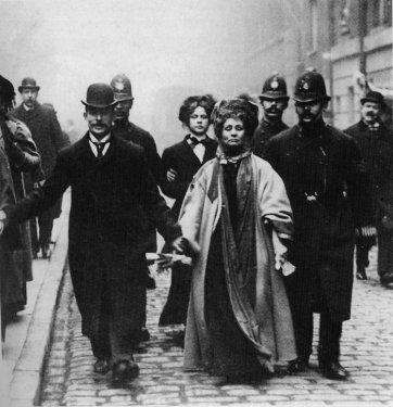 Emmeline Pankhurst surrounded by police officers, circa 1900s