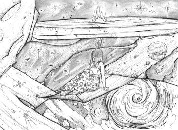 Me in my own universe in space, sitting on a demisexual flag, surrounded by small spacecraft, a hurricane, a black hole, planets and stars, in black and white. Feel free to colour me in