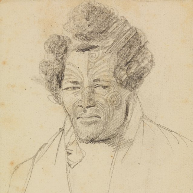 Bust-length portrait of ‘Edanghe from long Islands’, a heavily-tattooed Maori man, 1834-35