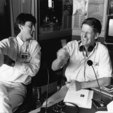 Roy and HG: John Doyle as Roy Slaven (L) and Grieg Pickhaver as HG Nelson: in studio (radio), c. 1990 Reproduced by permission of the Australian Broadcasting Corporation – Library Sales. © 1990 ABC