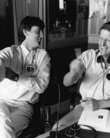 Roy and HG: John Doyle as Roy Slaven (L) and Grieg Pickhaver as HG Nelson: in studio (radio), c. 1990 Reproduced by permission of the Australian Broadcasting Corporation – Library Sales. © 1990 ABC