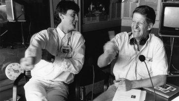 Roy and HG: John Doyle as Roy Slaven (L) and Grieg Pickhaver as HG Nelson: in studio (radio), c. 1990 Reproduced by permission of the Australian Broadcasting Corporation – Library Sales. © 1990 ABC