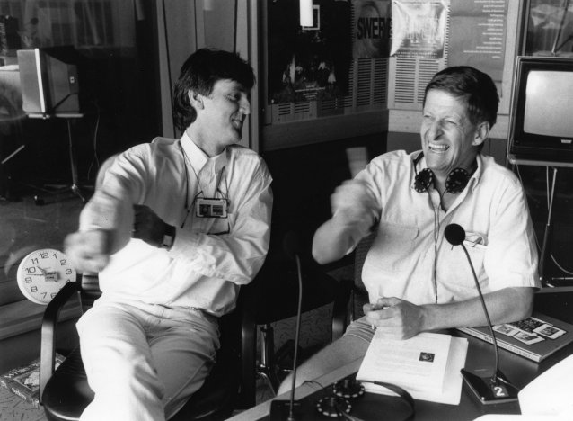 Roy and HG: John Doyle as Roy Slaven (L) and Grieg Pickhaver as HG Nelson: in studio (radio), c. 1990 Reproduced by permission of the Australian Broadcasting Corporation – Library Sales. © 1990 ABC