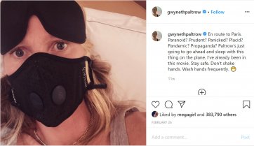 Gwyneth Paltrow Instagram selfie wearing protective face mask, late February 2020