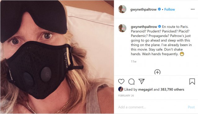 Gwyneth Paltrow Instagram selfie wearing protective face mask, late February 2020