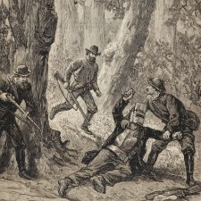 'Les Batteurs de Buisson en Australie - Une balle avait atteint le bandit au genou' Front cover of 'Journal des Voyages', 1884 depicting Ned Kelly