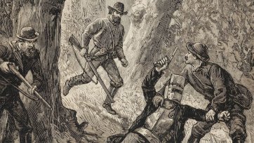 Front cover of Journal des Voyages Sunday 20 July 1884 depicting 'Les Batteurs de Buisson en Australie - Une balle avait atteint le bandit au genou'