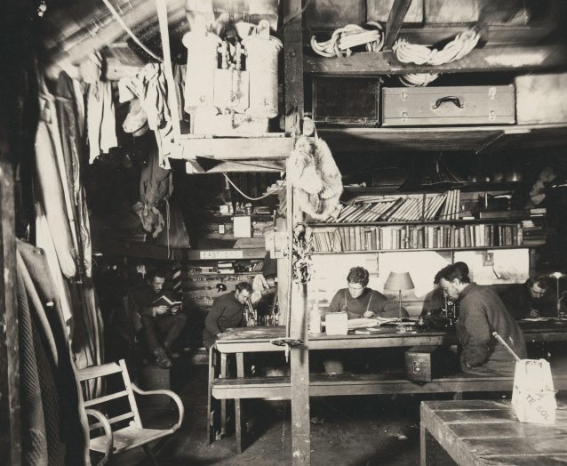 Interior of Commonwealth Bay living hut (L-R) Mertz, McLean, Madigan, Hunter and Hodgeman, 1912