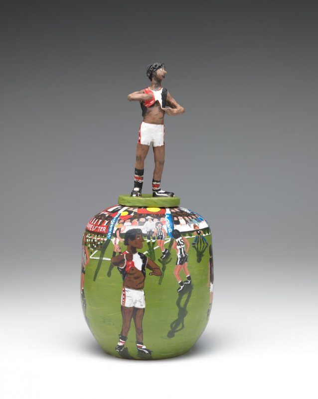 I'm black (Nicky Winmar), covered vase, 2015 Rona Panangka Rubuntja