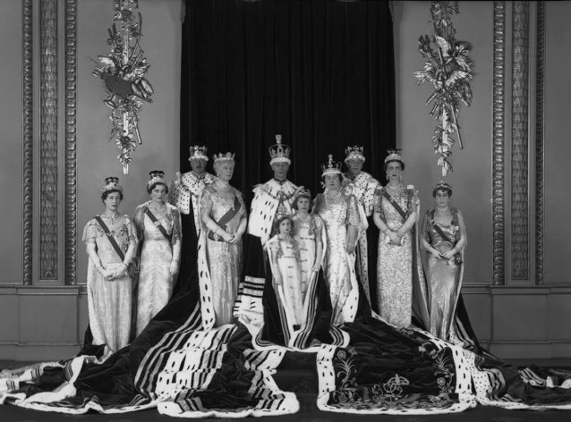 Group photograph taken at the coronation of King George VI including Queen Elizabeth II, Duke and Duchess of Gloucester and the Queen Mother, 12 May 1937