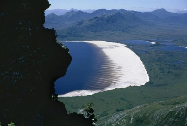 View from the Frankland Range of the beach of Lake Pedder, the plains near Lake Maria and Mt. Wedge in the distance, Tasmania, 1971