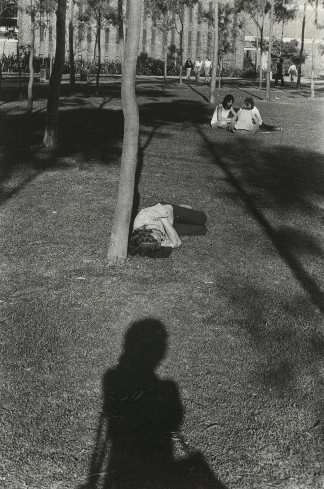 Man sleeping on lawn, Macquarie University, 1977, September