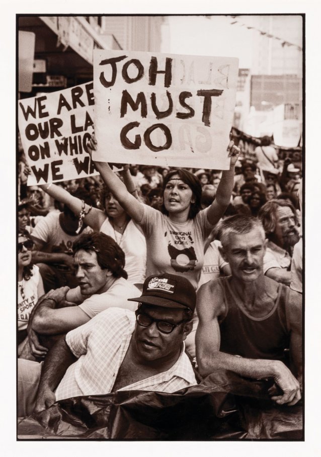 Clarrie Grogan NQLC and marchers at illegal march for land rights before Commonwealth Games, Brisbane, 1982