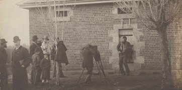 Body of Joe Byrne, hung up for photography at Benalla, 1880