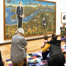Children and parent in front of the portrait Dr Brown and Green Old Time Waltz Children and parent in front of the portrait Dr Brown and Green Old Time Waltz