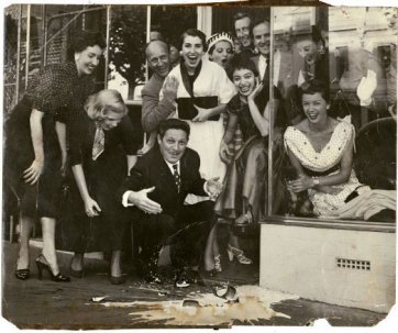 The Mirka Café (now Bistrot Balzac) 1954
(Frenchman Jean Sablon opens Mirka Café, with Mirka Mora centre in dark dress, with friends and Athol Shmith’s wife Bambi in the window) Courtesy of William and Mirka Mora