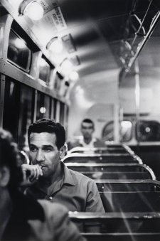 Charles Perkins on bus to Tranby Aboriginal College, Glebe