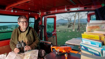 Julie Gough sitting in the back of a red vehicle while holding binoculars, with sheep grazing in a field in the background
