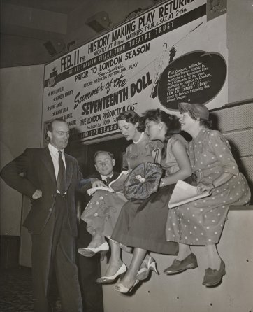 'History making play returns'. The Doll company: John Sumner, Ray Lawler, Madge Ryan, Fenella Maguire, Ethel Gabriel 1957
