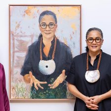 Portrait Artist of the Year group photo of Jennifer Croom and Kylie Kwong with the hosts and judges.