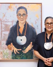 Portrait Artist of the Year group photo of Jennifer Croom and Kylie Kwong with the hosts and judges.