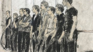 Study of male ballet dancers standing in a line