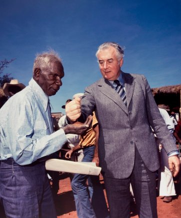 Prime Minister Gough Whitlam pours soil into the hand of traditional land owner Vincent Lingiari, 1975 by Mervyn Bishop Prime Minister Gough Whitlam pours soil into the hand of traditional land owner Vincent Lingiari, 1975 by Mervyn Bishop