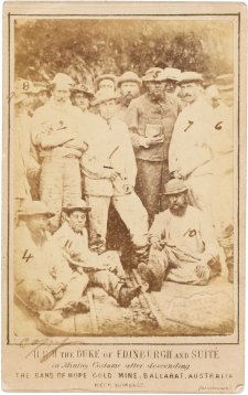 H.R.H. The Duke of Edinburgh and Suite in Mining Costume after descending the Band of Hope Gold Mine, Ballarat, Australia