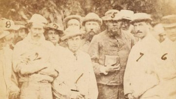 H.R.H. The Duke of Edinburgh and Suite in Mining Costume after descending the Band of Hope Gold Mine, Ballarat, Australia