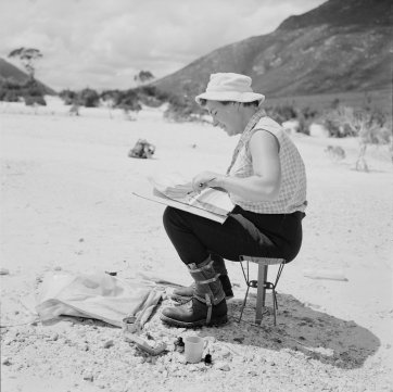 Elspeth Vaughan painting a Lake Pedder scene, 1970 Jack Thwaites