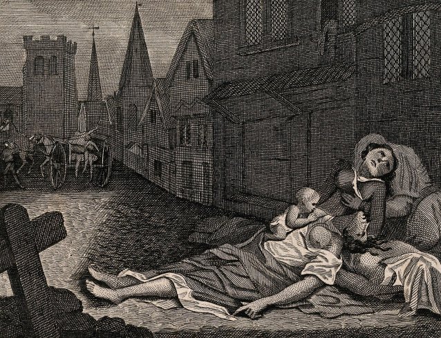 Two women lying dead in a London street during the great plague, 1665, one with a child who is still alive