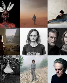Nine square images of previous winners of the National Photographic Portrait Prize