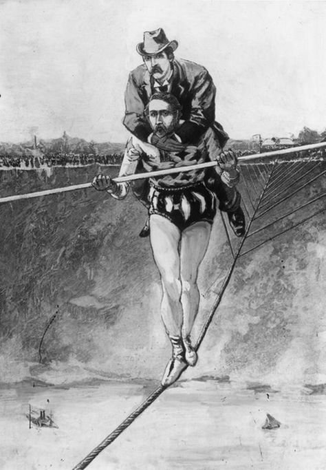 Charles Blondin carries his manager Harry Colcord over the gorge of the Niagara River in 1859