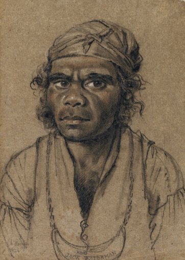 Bust-length portrait of King Jack Waterman, an indigenous Australian man, wearing a gorget, or kingplate, around his neck and a scarf or bandanna around his head, 1834