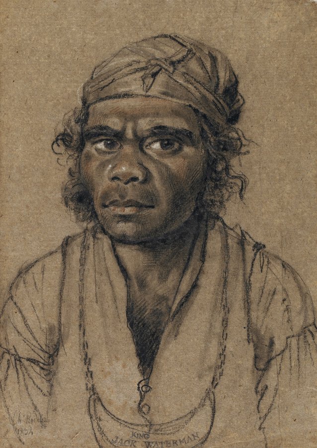 Bust-length portrait of King Jack Waterman, an indigenous Australian man, wearing a gorget, or kingplate, around his neck and a scarf or bandanna around his head, 1834