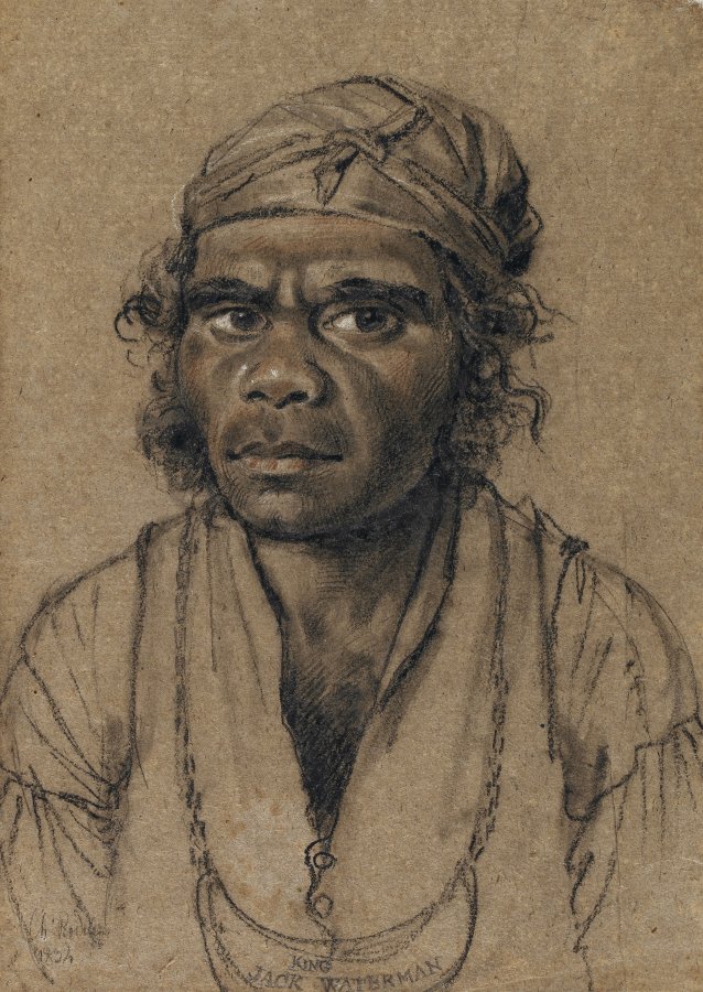 Bust-length portrait of King Jack Waterman, an indigenous Australian man, wearing a gorget, or kingplate, around his neck and a scarf or bandanna around his head, 1834