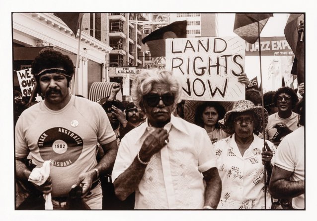 Senator Neville Bonner at illegal march for land rights before Commonwealth Games, Brisbane, 1982