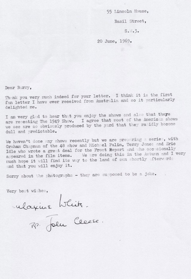 Letter to the author from John Cleese, 1969