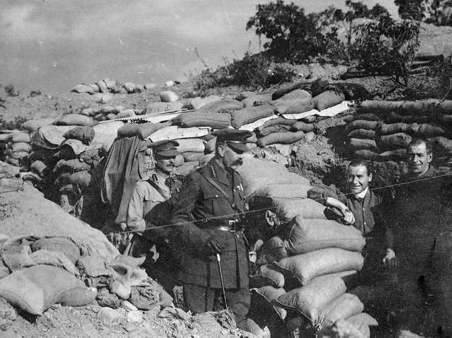 Lord Kitchener, Chief of the British General Staff, visiting British troops in the trenches, Dardanelles Area, Turkey. Nov 1915.