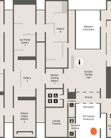 A floorplan of the Gallery showing the location of the entrance, cafe, shop and toilets