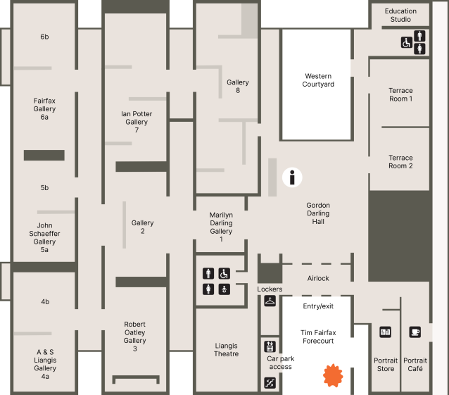 A floorplan of the Gallery showing the location of the entrance, cafe, shop and toilets