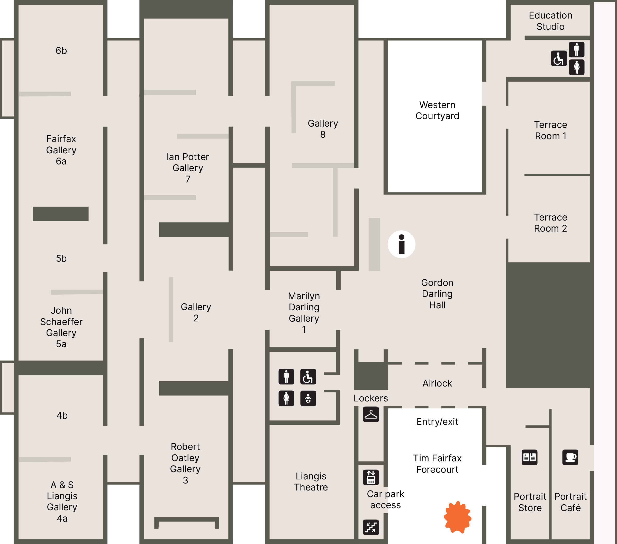 A floorplan of the Gallery showing the location of the entrance, cafe, shop and toilets