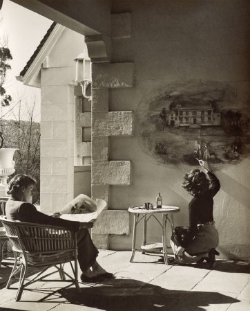 Helen Blaxland watching Jocelyn Rickards painting the mural at Brush, 1946 by Max Dupain