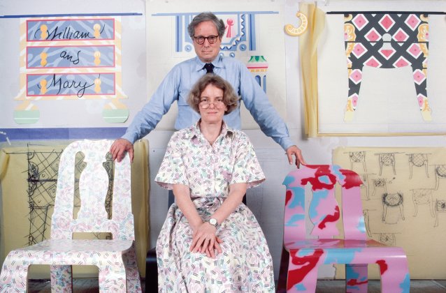Robert Venturi and Denise Scott Brown with Queen Anne chair (left), 1979, and Empire chair (right), 1979