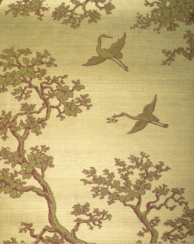The Cranes in Dark Beige and Earth Red on Lime Silk Slub wallpaper